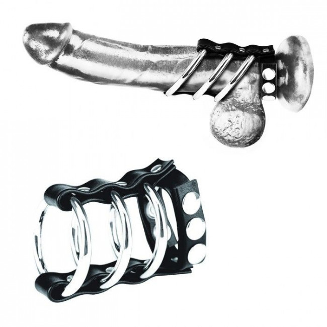 Кольцо на пенис с разделителем мошонки из искусственной кожи на клепках Blueline T-style Cock Ring - чёрный